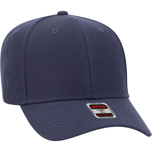 A navy blue 6 panel baseball cap featuring a curved brim and a logo tag.