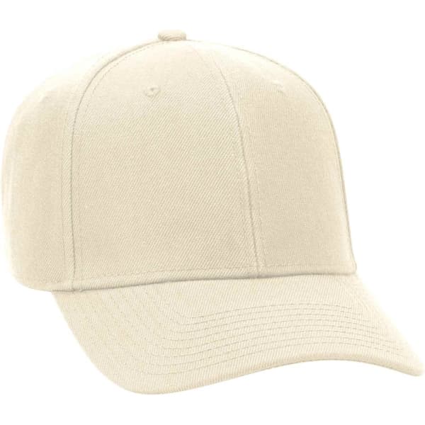 A beige 6-panel baseball cap featuring a curved brim and a fitted style. Includes a logo on the front.