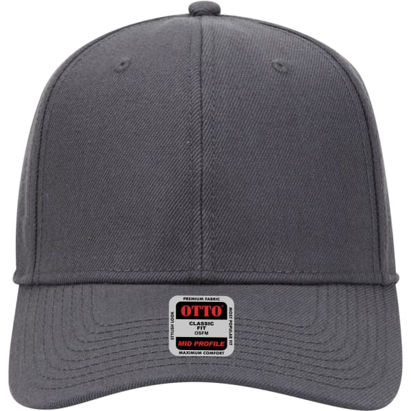 A grey 6 panel mid profile baseball cap with a logo label on the front.