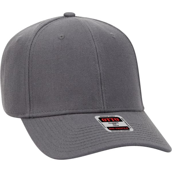 A grey 6 panel baseball cap with a curved brim and a logo on the front.