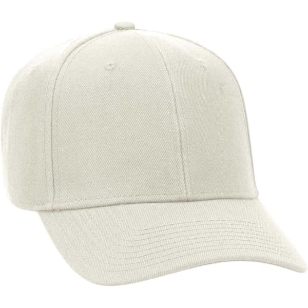 A light grey six-panel baseball cap with a curved brim and a fitted design, featuring a branding logo.