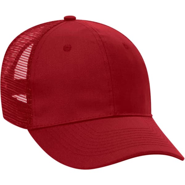 A red 6 panel trucker hat with a mesh back and a curved brim. It features a logo on the front.