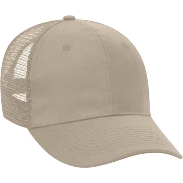 A beige 6-panel trucker hat with a mesh back and a curved peak, featuring a logo.