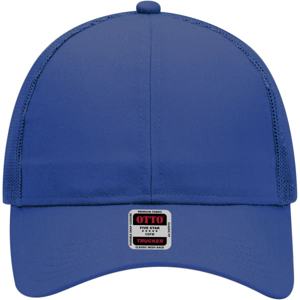 A blue 6 panel mid profile trucker cap with a branded label on the front and mesh side panels.