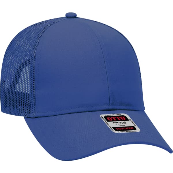A blue 6 panel trucker hat with a mesh back and a branded tag at the front.