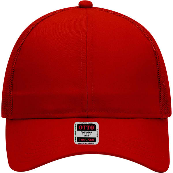 A red 6-panel mid profile trucker cap with mesh sides and a label at the front.