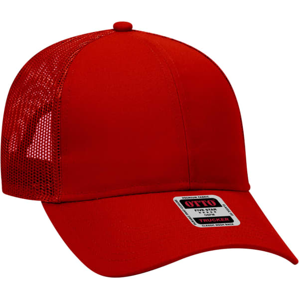 A red 6-panel trucker hat featuring mesh panels at the back and a logo on the front.