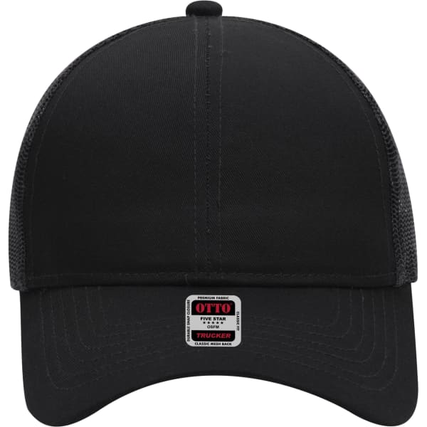 A black 6-panel mid profile trucker cap with a mesh back and a small logo on the front.