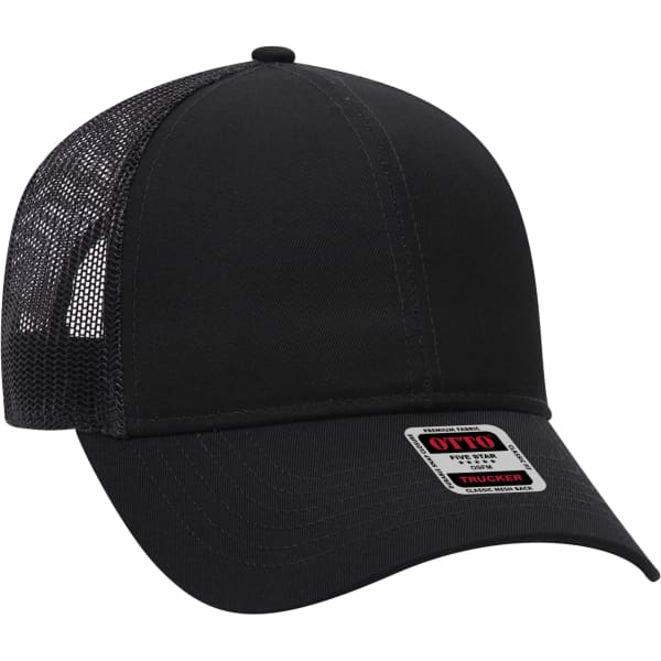 A black 6 panel trucker hat featuring a mesh back and a logo badge on the front.