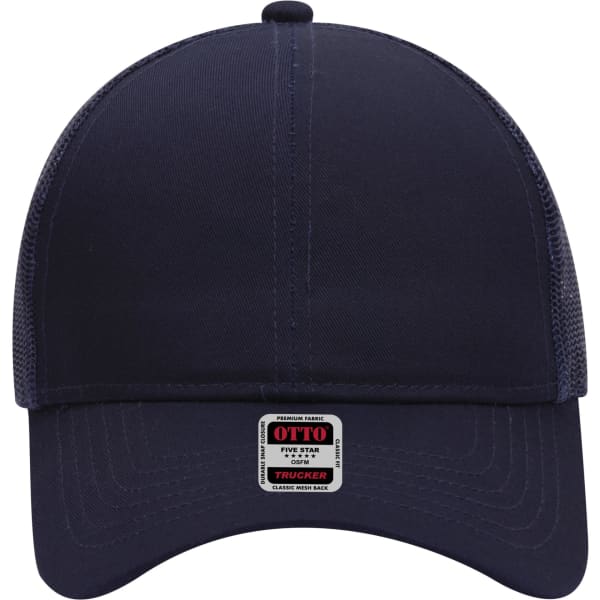 A navy 6 panel mid-profile trucker cap with mesh sides and a branded patch on the front.