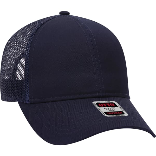 A navy blue 6 panel trucker hat features a mesh back and a front panel with a logo.