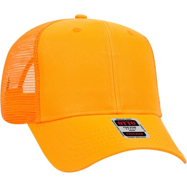 A bright orange 6-panel trucker hat with mesh side panels and a branded patch on the front.