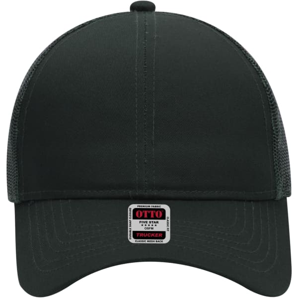 A black 6 Panel Mid Profile Trucker Cap with mesh back and adjustable strap, featuring a logo tag.