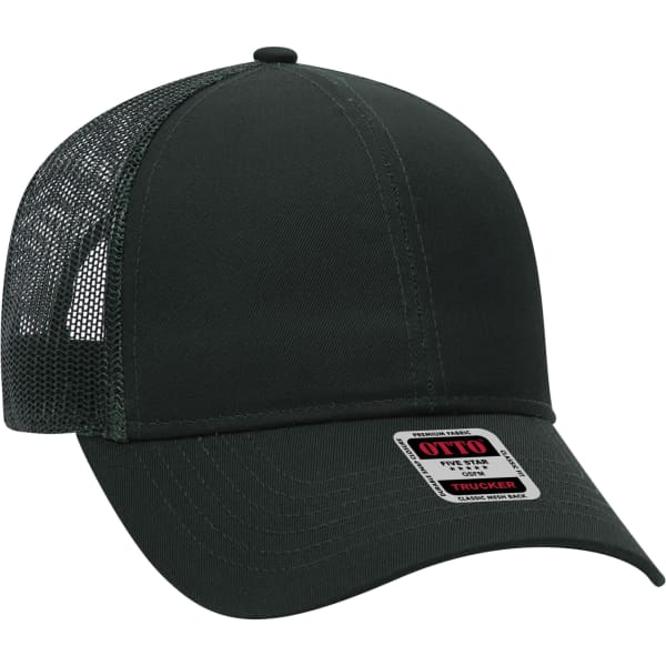 A dark green 6 panel trucker hat featuring a mesh back and a branded tag on the front.