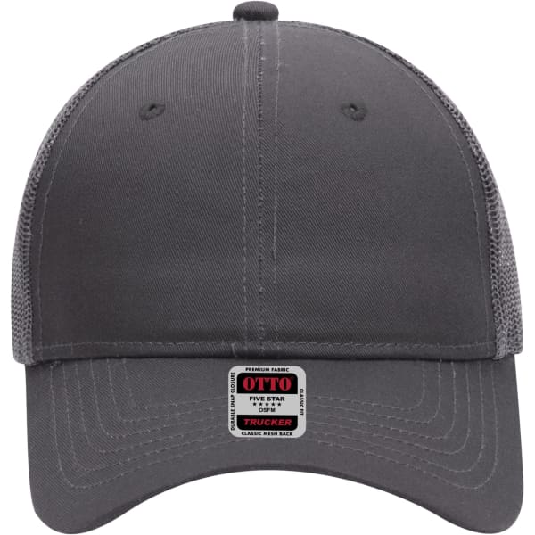 A grey 6 panel mid profile trucker cap with a mesh back and a logo label on the front.