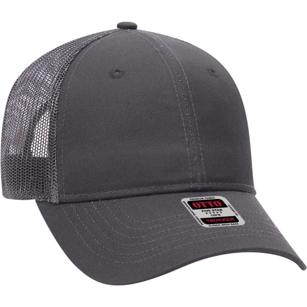 A grey 6 Panel Trucker Hat with a mesh back and a woven label, featuring a rounded shape and adjustable strap.