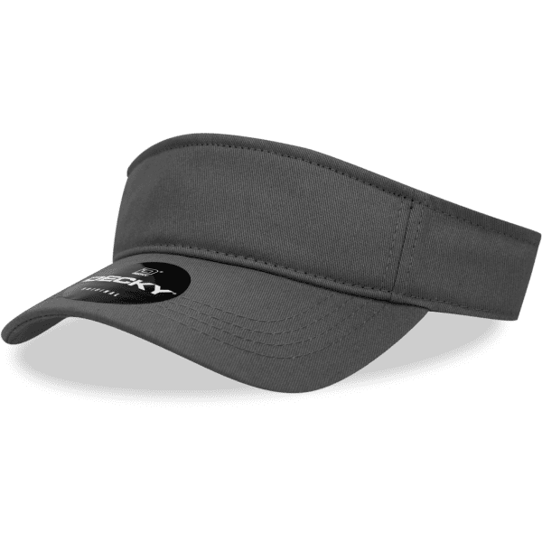 A grey cotton visor with a curved brim and an attached logo on the side.