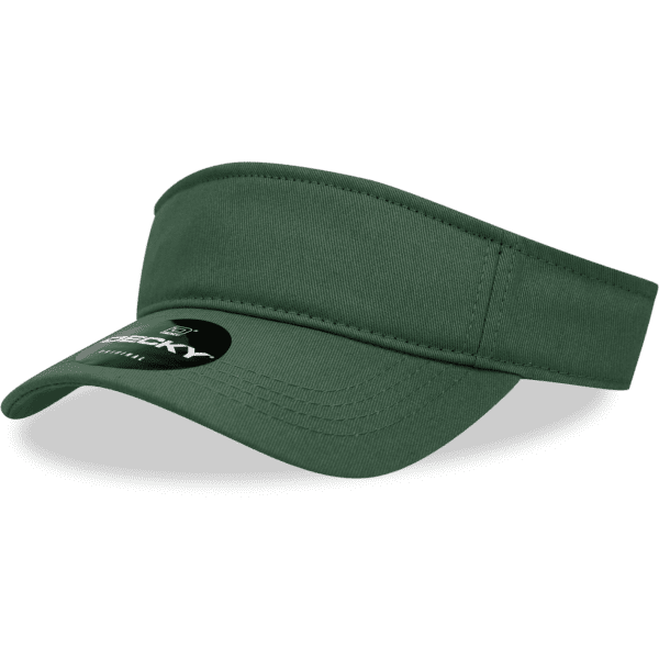 A green cotton visor with a curved brim and a logo on the front.