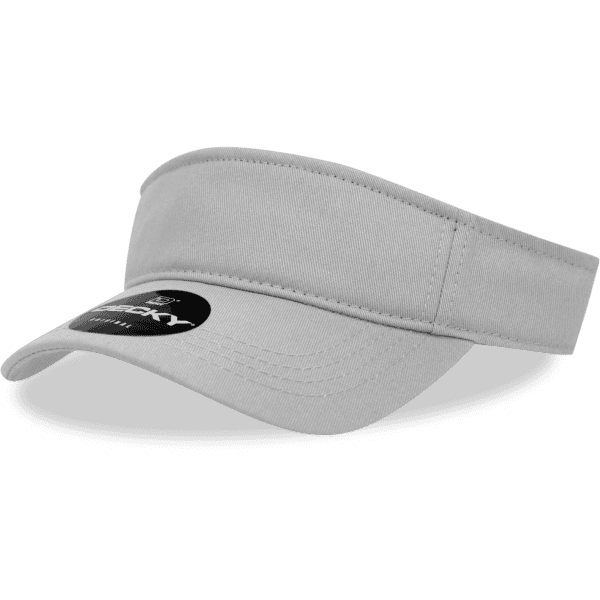 A grey cotton visor with a wide brim and a logo on the front.