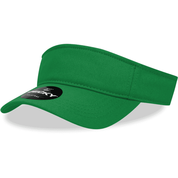 A green cotton visor with a curved peak and an adjustable band. It features a logo on the front.