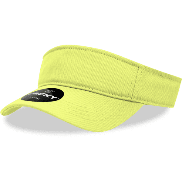 A bright yellow cotton visor with a curved brim and a logo on the side.