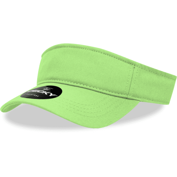 A green cotton visor with a curved brim and a logo.