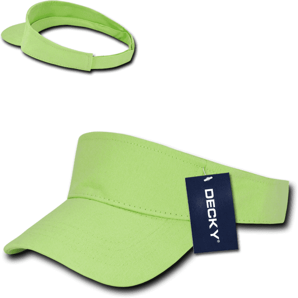 A lime green visor with a black trim and a tag, featuring a logo.