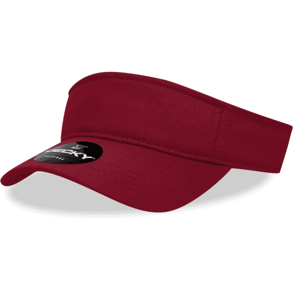 A red cotton visor with a wide brim and an attached logo on the front.