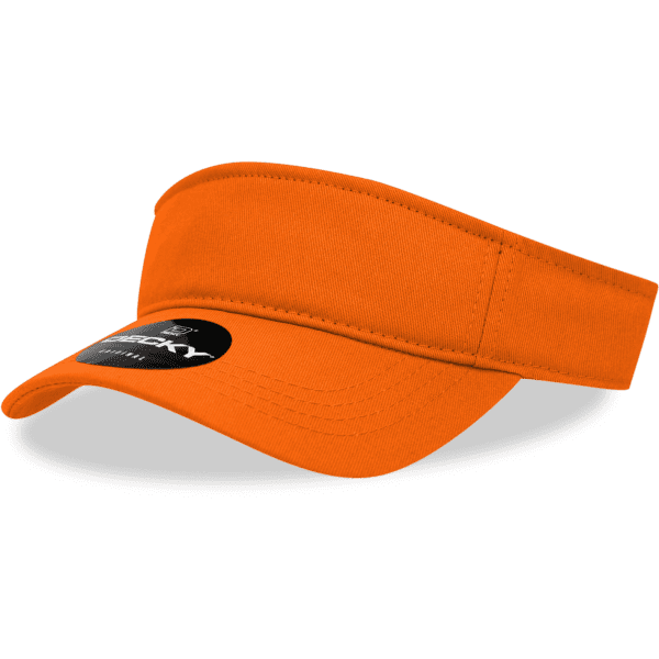 An orange cotton visor with a curved brim and a branded logo on the front.