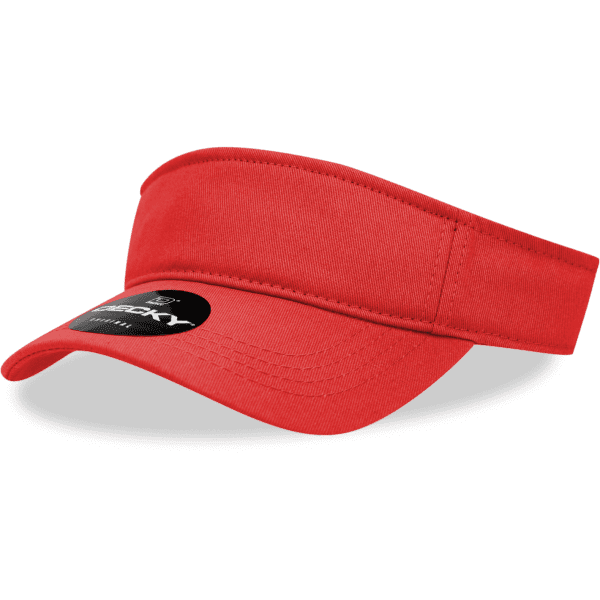 A red cotton visor with a curved brim and a logo on the front.