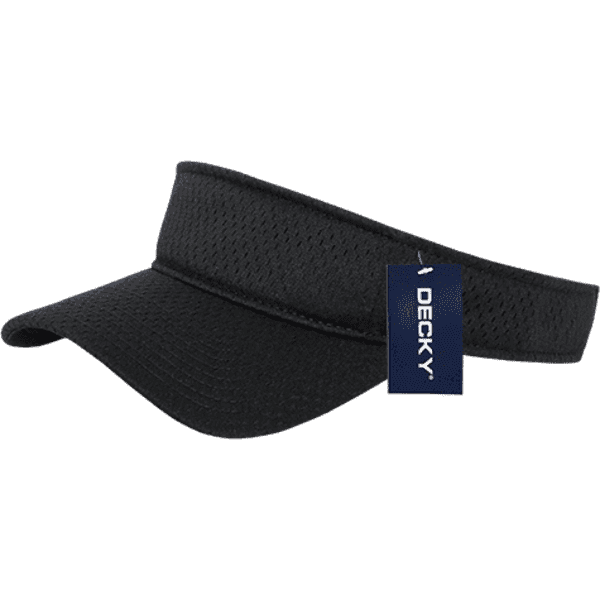 A black mesh jersey visor with a wide brim and a tag attached, featuring a logo.