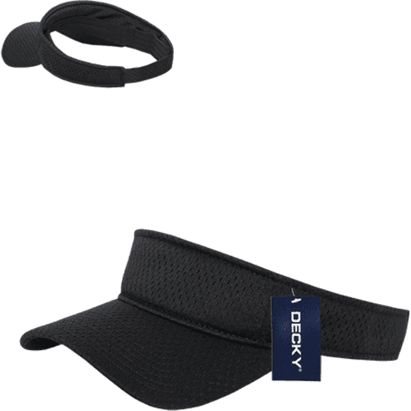 A black mesh jersey visor with a curved brim and adjustable strap, featuring a branding tag.