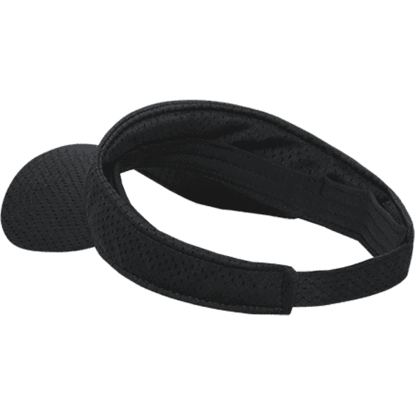 A black mesh jersey visor with a curved peak and an adjustable strap. It features a branded logo.