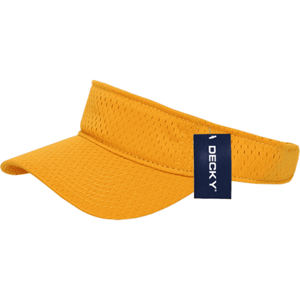 A yellow mesh jersey visor with a branded tag attached, featuring a wide brim for sun protection.