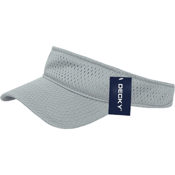 A grey mesh jersey visor with a branded tag, featuring a ventilated design and a wide brim.