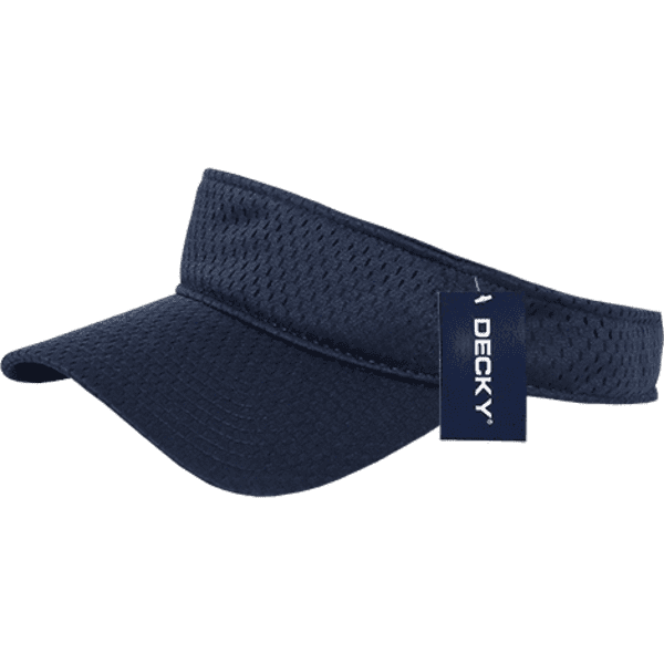 A navy mesh jersey visor with a branded tag attached. The visor features a textured design.