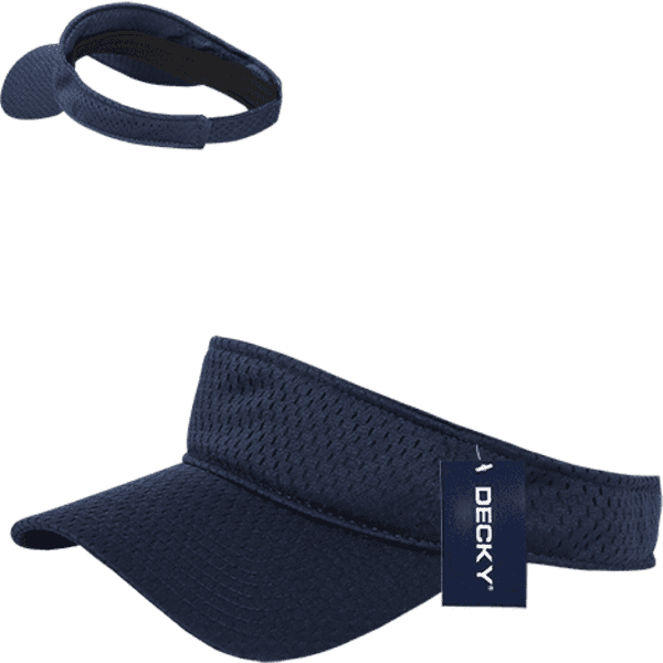 A navy blue mesh jersey visor with a branded tag, featuring a wide brim and adjustable strap.