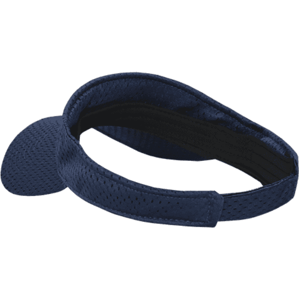 A navy mesh jersey visor featuring a curved brim and adjustable strap, with a logo present.