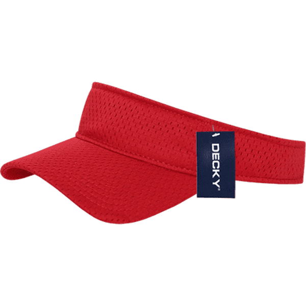 A red mesh jersey visor with a branded tag attached. The visor features a wide brim for sun protection.