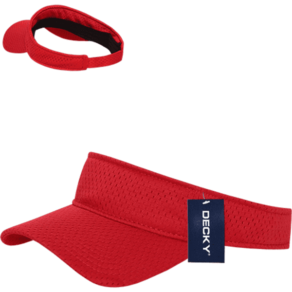 A red mesh jersey visor with an adjustable band and a small logo tag.