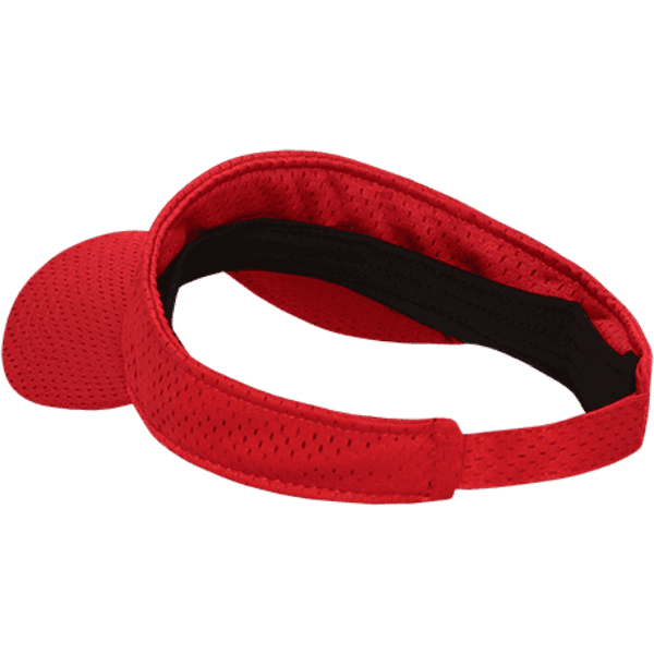 A red mesh jersey visor with a black interior and a curved brim, featuring a logo on the side.