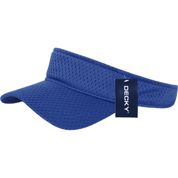 A blue mesh jersey visor with a branded tag attached. The visor features a textured surface and a wide brim.
