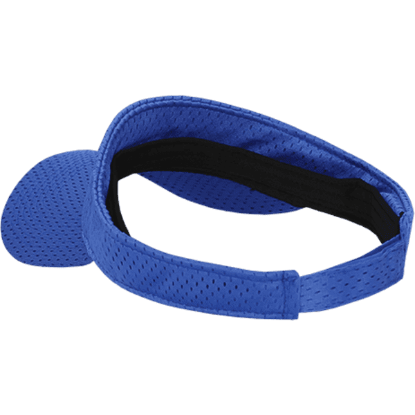 A blue mesh jersey visor with a black inner band and an open top design. It features a logo on the side.