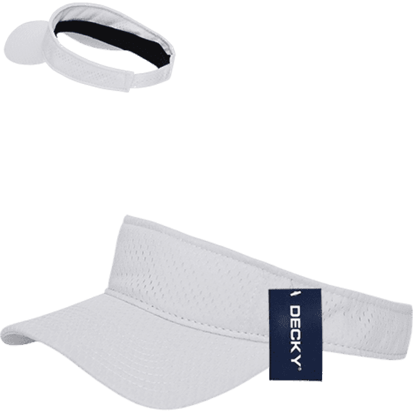 A grey mesh jersey visor with a branding tag, featuring a curved brim and an adjustable strap.