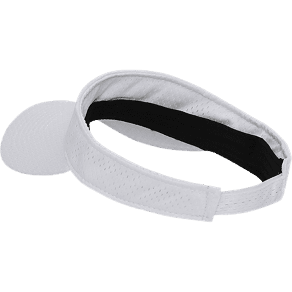 A white mesh jersey visor with a black inner band and a curved brim, featuring a logo.
