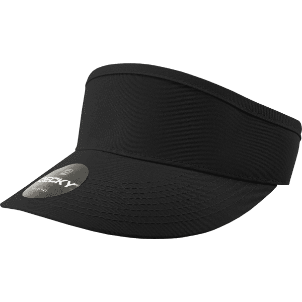 A black visor with a wide brim and an attached logo on the front.