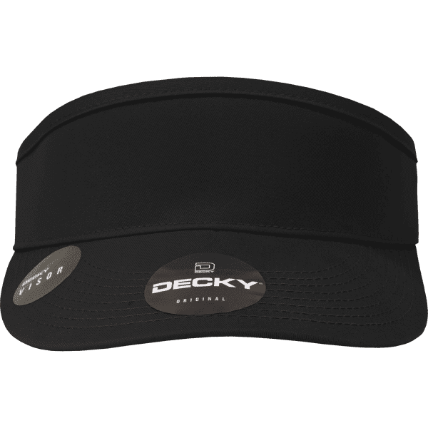 A black visor with a wide brim, featuring a logo and packaging details.