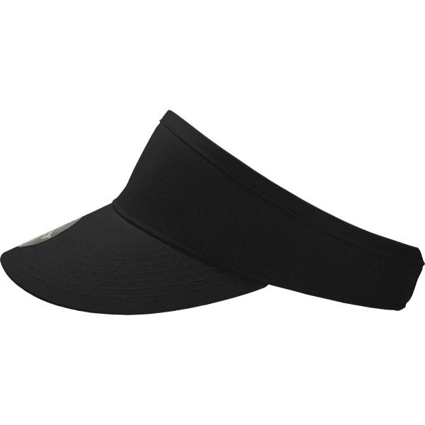 A black visor featuring a wide brim and a curved design, complete with a logo.