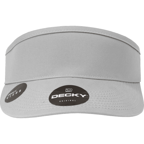 A grey visor with a wide brim and a logo on the front. It features a simple, sleek design.