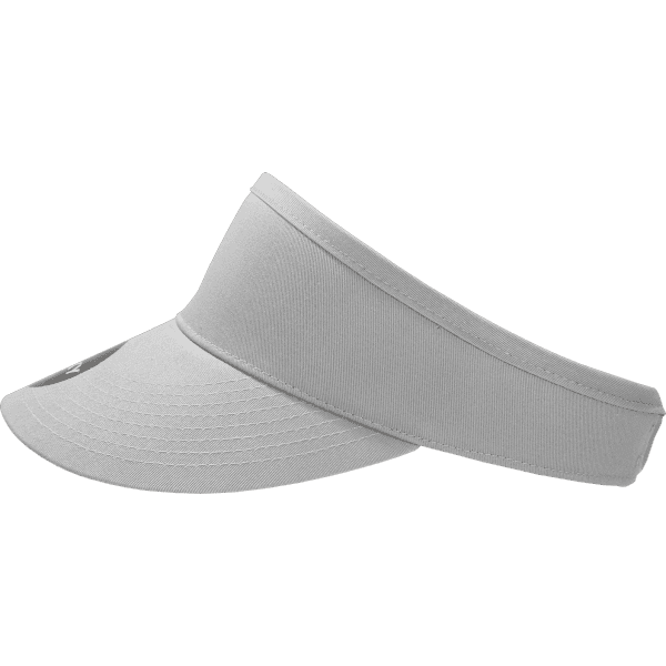 A grey visor with a wide brim and an adjustable band featuring a logo.